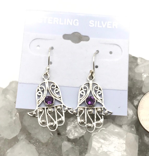 Amethyst Hamsa Hand Earrings.
