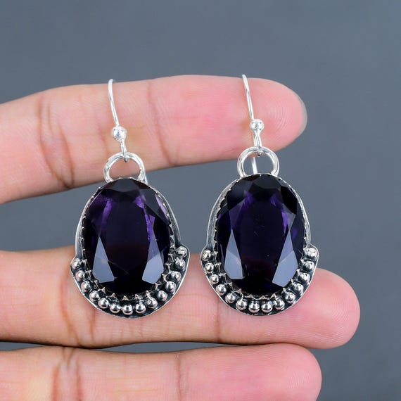 Handmade Faceted African Amethyst Drop Earrings: 925 Sterling Silver