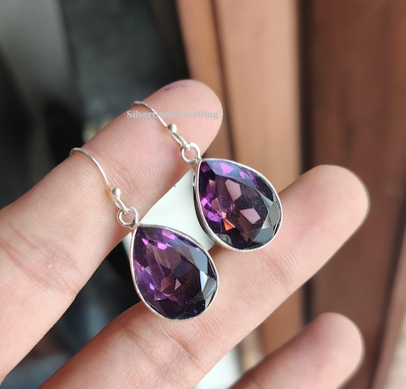 Handmade Purple Amethyst Dangle Earrings: 925 Sterling Silver Wedding Jewelry