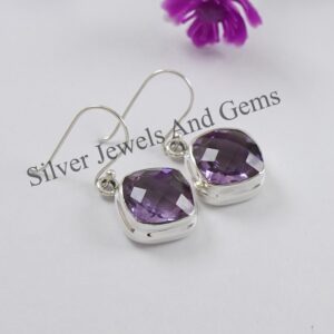 Handmade Sterling Silver Amethyst Earrings, Square Checker Cut, February Birthstone