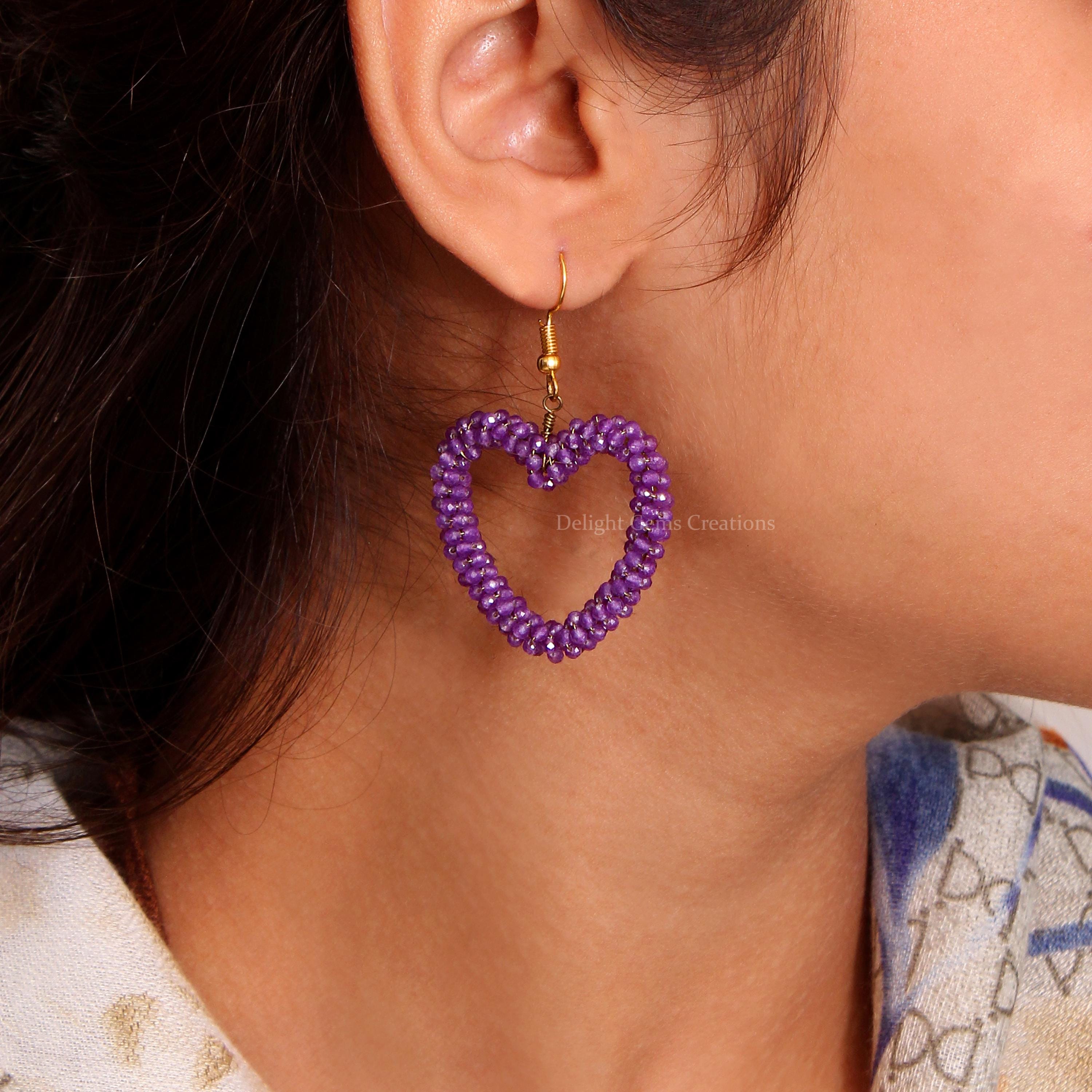 Amethyst Heart Earrings, Gold Dangle Earrings, February Birthstone