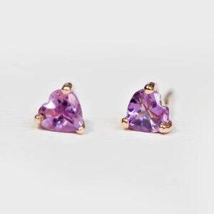 Heart Amethyst Stud Earrings, 14k Gold Purple Gemstone Studs, February Birthstone, Dainty Minimalist Earrings Gift