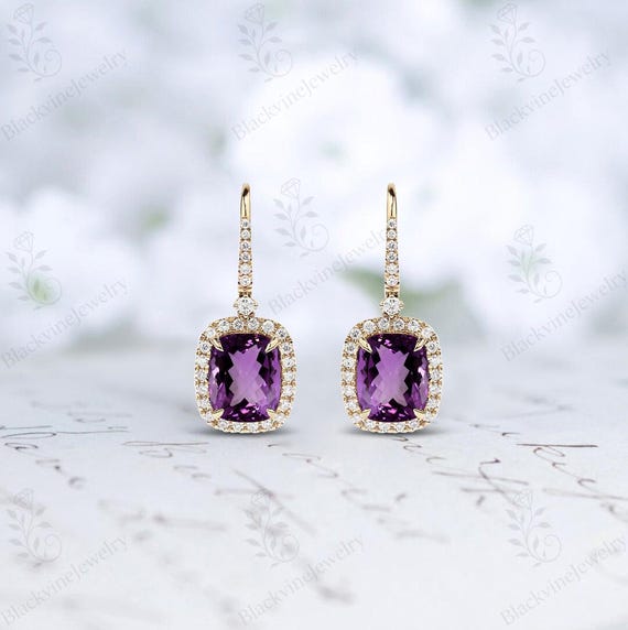 Natural Amethyst Dangle Drops For Women 925 Silver Amethyst Halo Earrings Cushion Cut Amethyst Bridal Earrings Unique Statement Dangle Drop