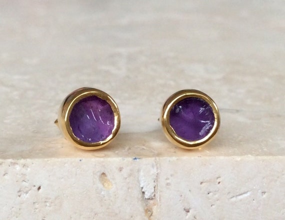 Raw Amethyst Stud Earrings: 18k Gold Vermeil, February Birthstone