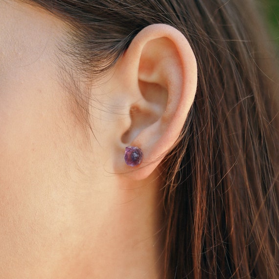Raw Amethyst Stud Earrings – Genuine Gemstone, February Birthstone