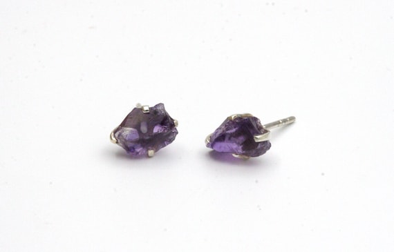 Raw Amethyst Stud Earrings: Sterling Silver, February Birthstone