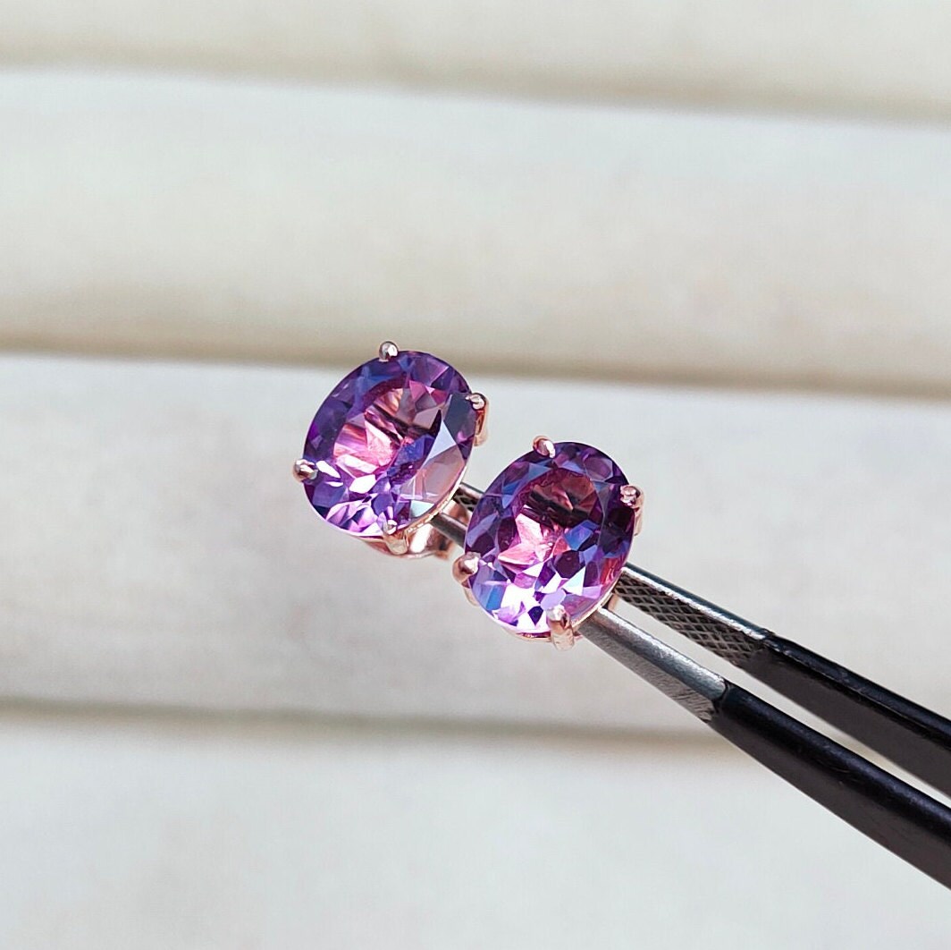 Rose De France Amethyst Stud Earrings, 925 Sterling Silver Earrings, Rose De France Earrings, Pink Amethyst Stud Earrings, Oval Amethyst