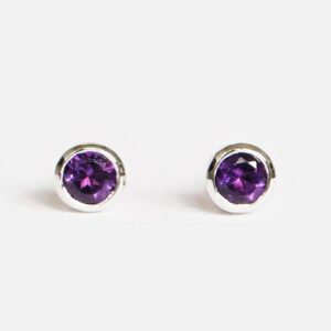Amethyst Stud Earrings, February Birthstone Earrings, 14k Rose Gold Bezel Setting, Purple Gemstone Studs, Minimalist Gold Jewelry