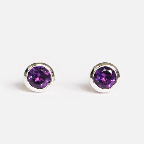 Amethyst Stud Earrings, February Birthstone Earrings, 14k Rose Gold Bezel Setting, Purple Gemstone Studs, Minimalist Gold Jewelry