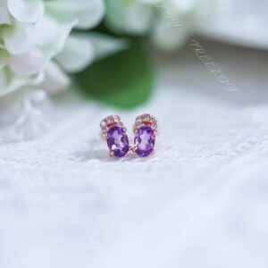 Amethyst Stud Earrings: Rose Gold Sterling Silver, Genuine Gemstone