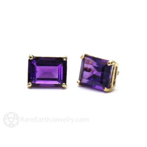 Emerald Cut Amethyst Stud Earrings In 14k Gold – February Birthstone