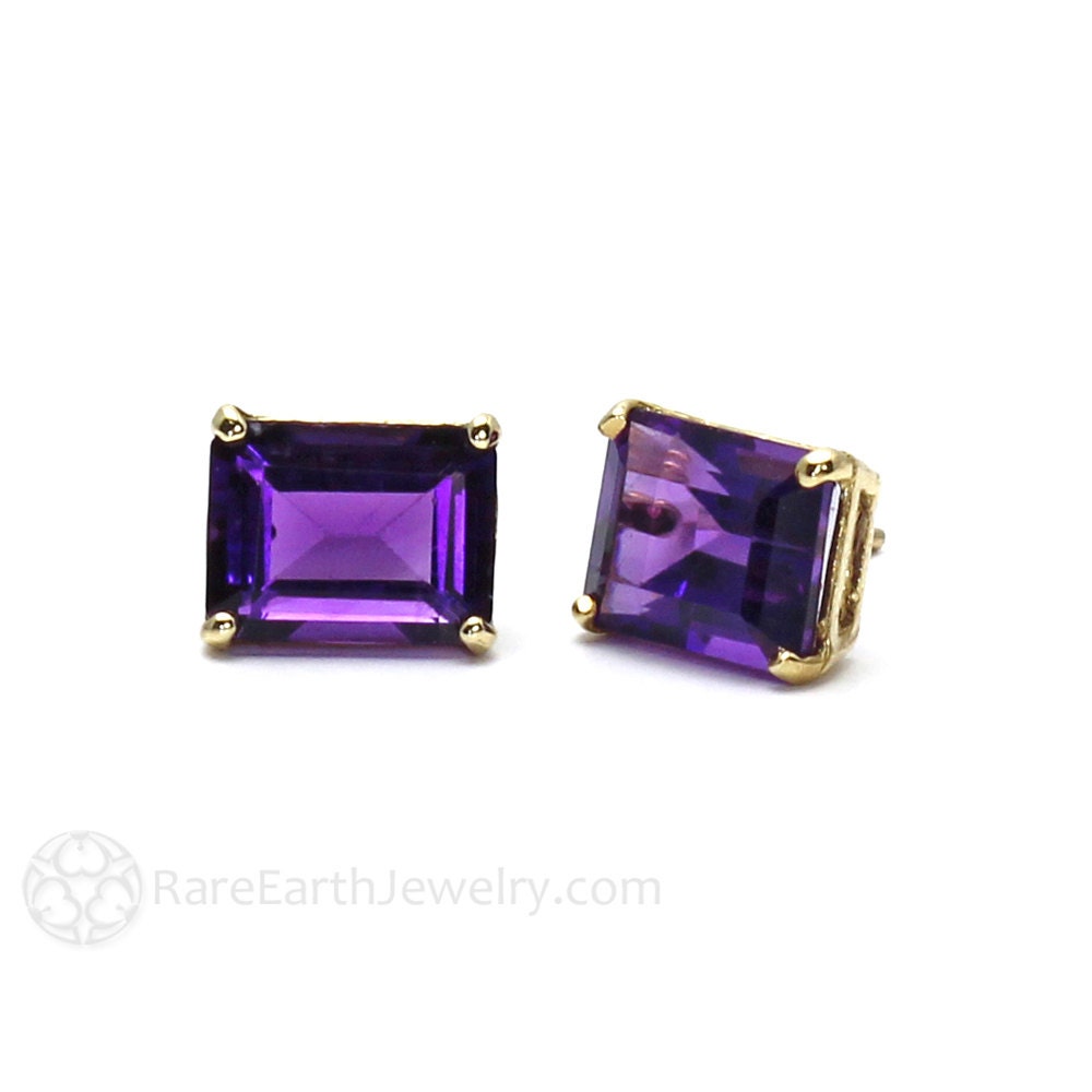 Emerald Cut Amethyst Stud Earrings In 14k Gold – February Birthstone