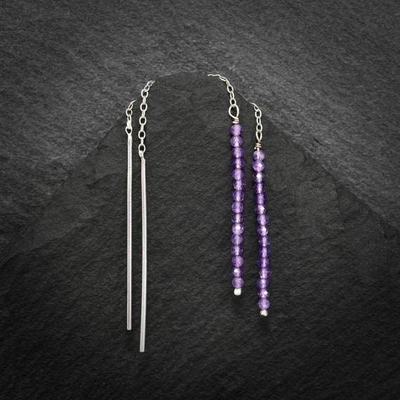 Amethyst Thread Earrings. Silver Amethyst Long Chain Earrings. Unique Purple Cut Stone Thread Earrings. Delicate Purple Chain Earrings