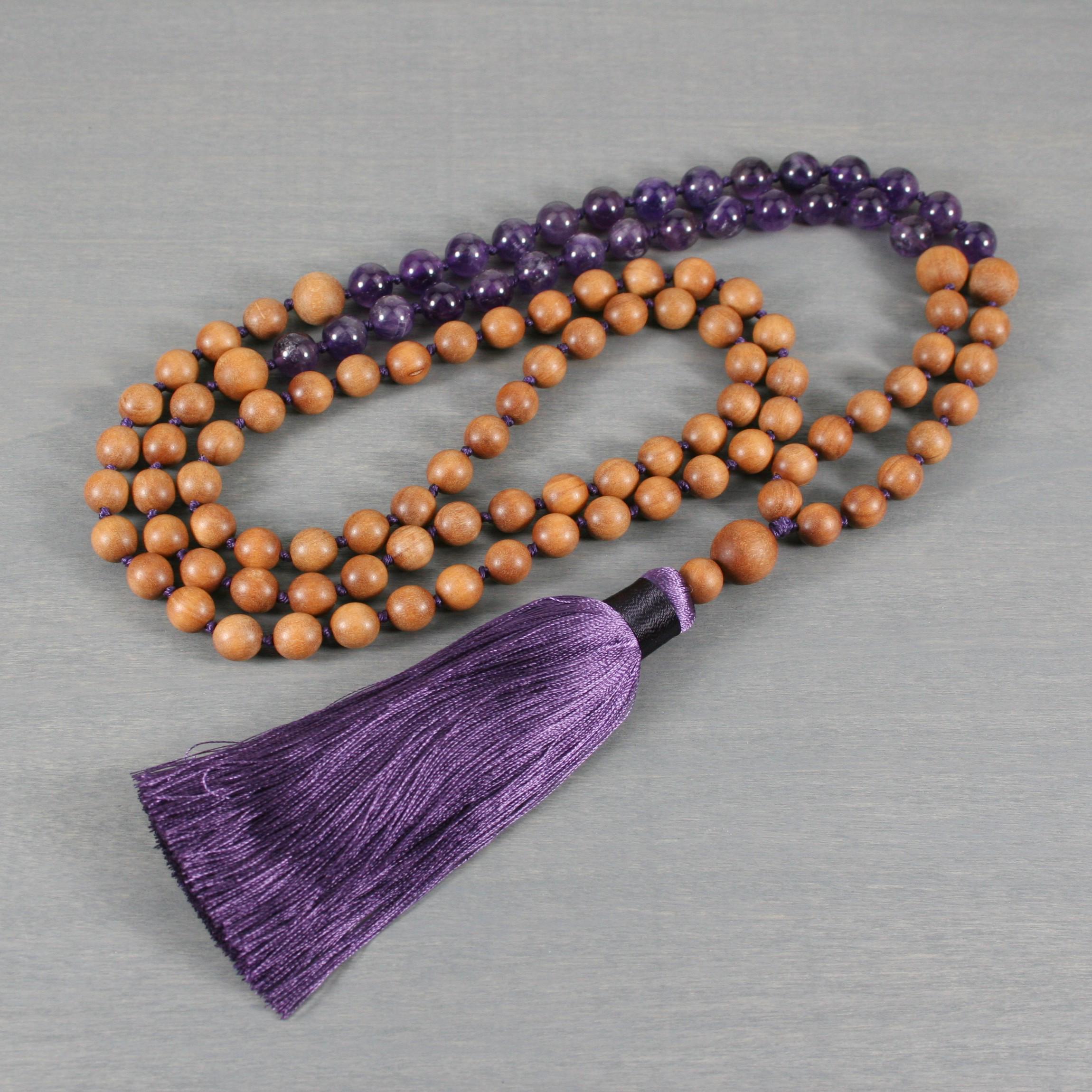 Amethyst And Sandalwood Hand-knotted Zen Mala With A Purple Silk Tassel