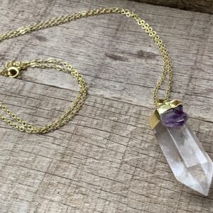 Chunky Clear Quartz Crystal Point With Amethyst Accent And 14 Karat Gold Electroplated Necklace | Witchy Necklace | Boho Necklace | Gold