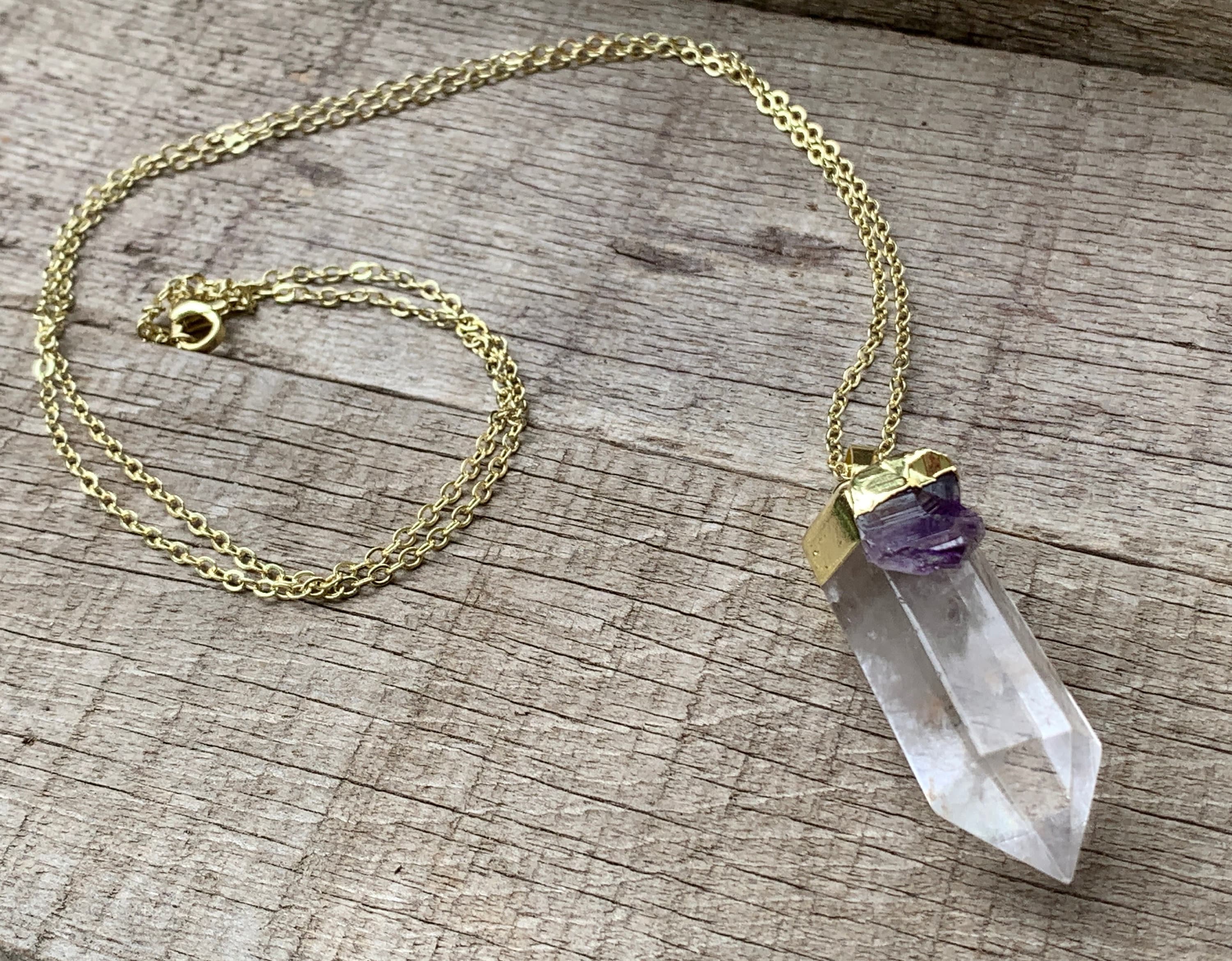 Chunky Clear Quartz Crystal Point With Amethyst Accent And 14 Karat Gold Electroplated Necklace | Witchy Necklace | Boho Necklace | Gold