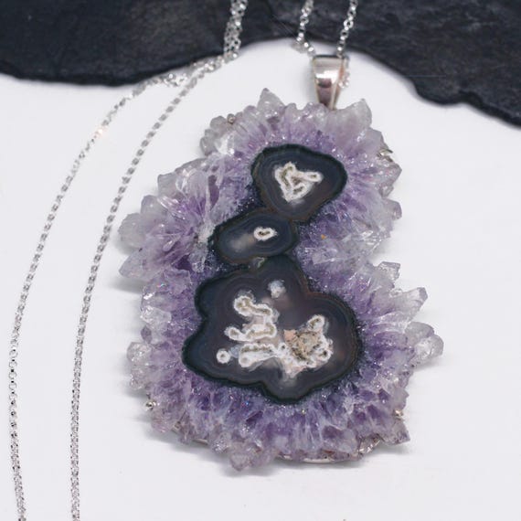 Crystal Cave - Crystal Amethyst Triple Stalactite Drusy Slice Sterling Silver Necklace