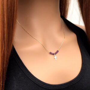 Dainty Cross Necklace With Amethyst - Thoughtful Christian Gift For Her
