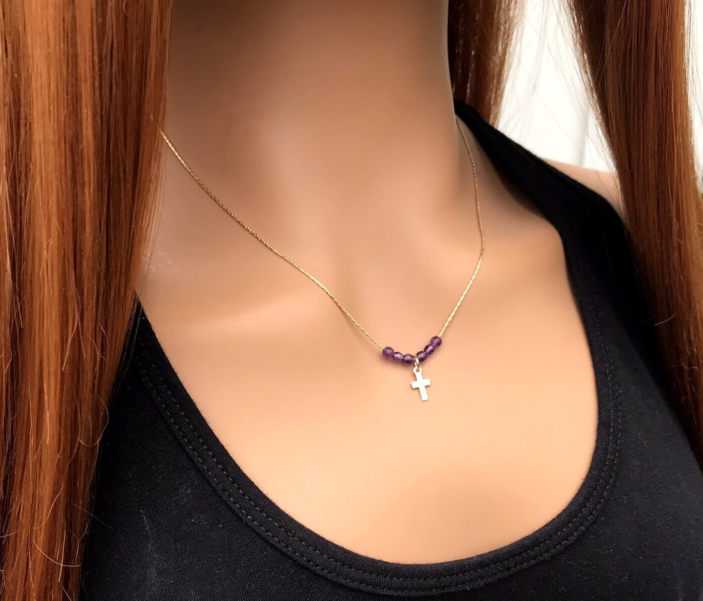 Dainty Cross Necklace With Amethyst - Thoughtful Christian Gift For Her Dainty Cross Necklace With Amethyst - Thoughtful Christian Gift For Her
