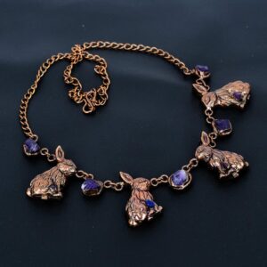 Electroformed Copper Rabbit Necklace with African Amethyst, 18"