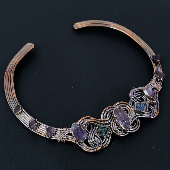 Handmade Electroformed Copper Necklace: African Amethyst & Blue Druzy
