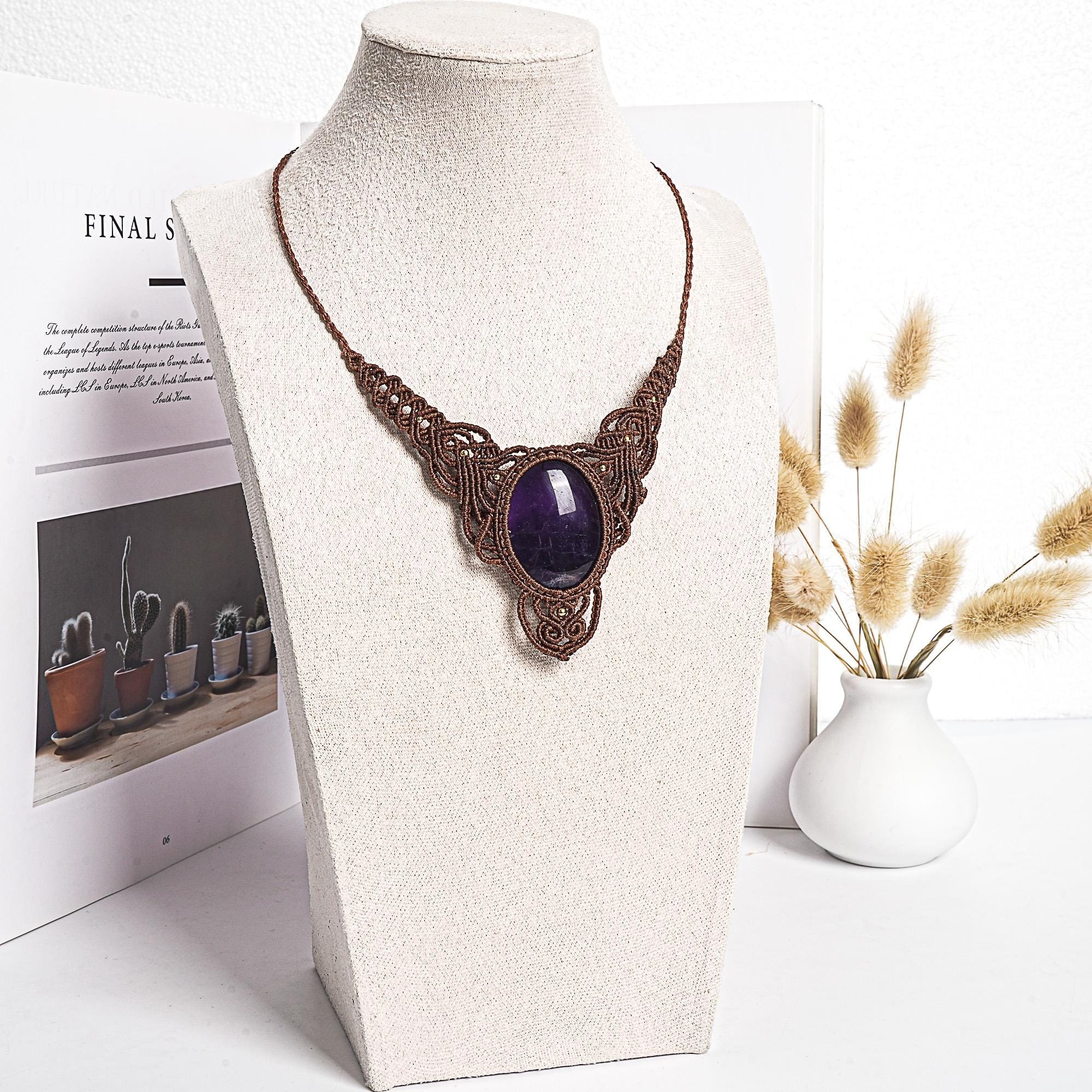 Amethyst Macrame Necklace Genuine Natural Grade Aaa Amethyst Necklace Gemstone Neckalce(95922)
