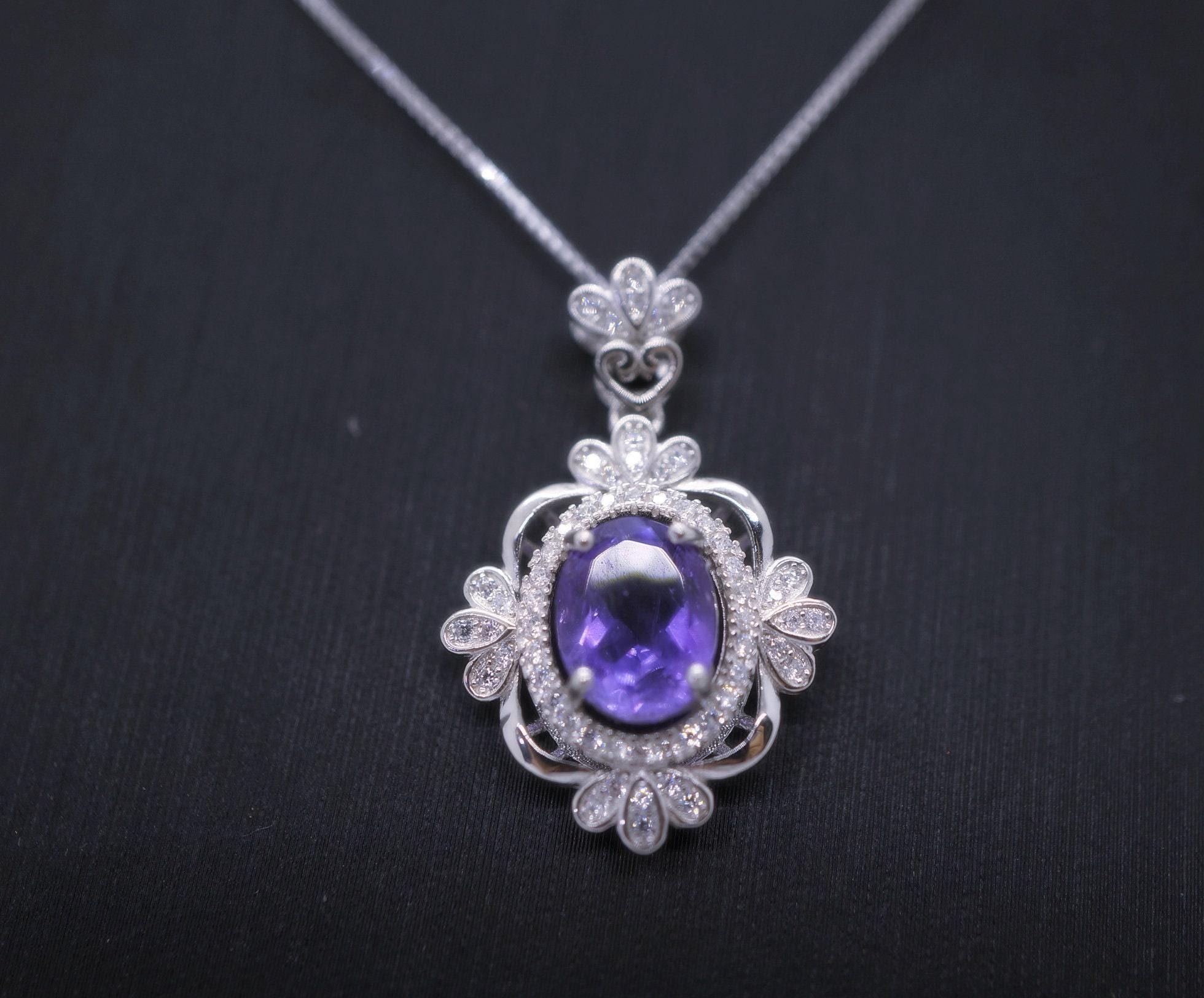 Natural Amethyst Necklace Sterling Silver - Luxury Gemstone Flower Of Life , Genuine Purple Gemstone 18kgp February Birthstone #540