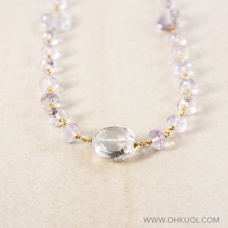 Pink Amethyst Beaded Necklace: 14k Gold Filled, Raw Stone