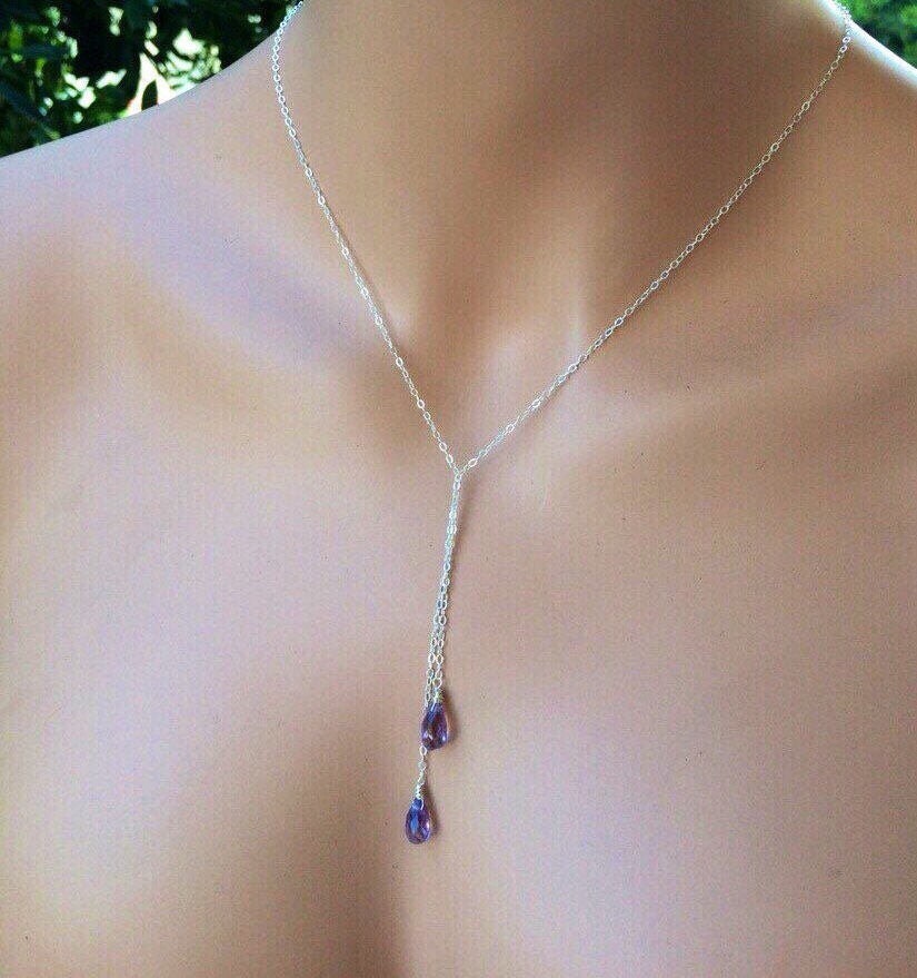 Pink Amethyst Lariat Necklace: Sterling Silver Wire Wrapped Y-necklace