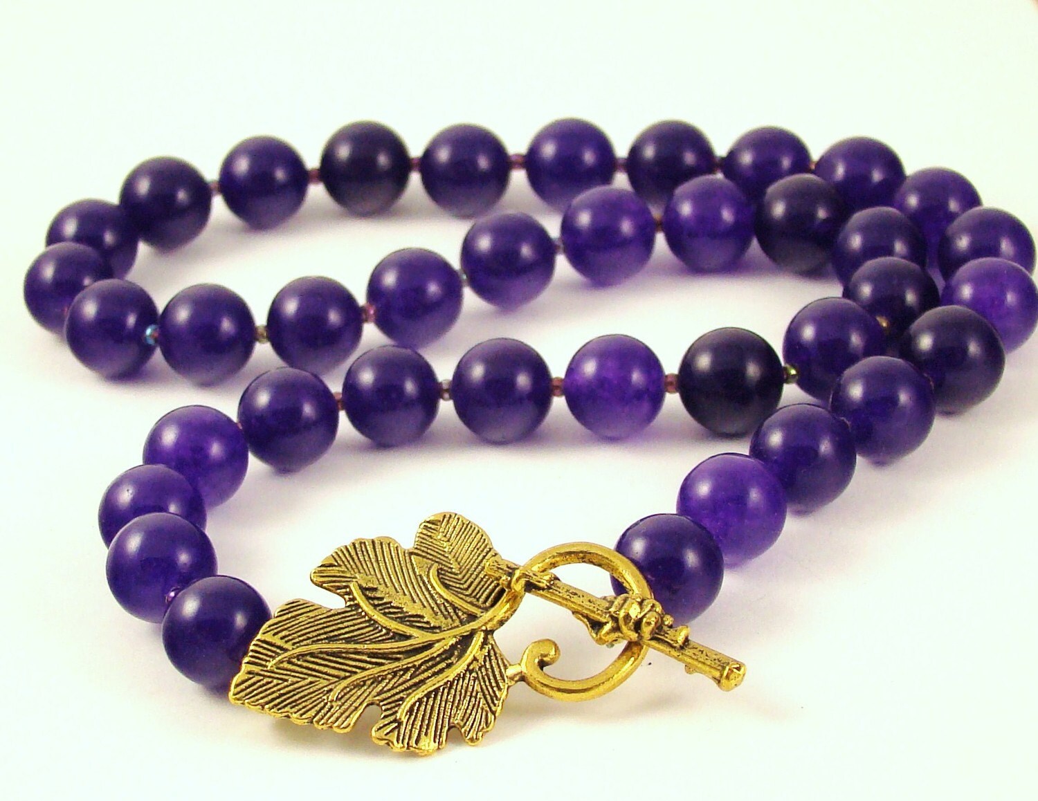 Purple Amethyst Beaded Necklace: 24k Gold Grape Leaf Clasp