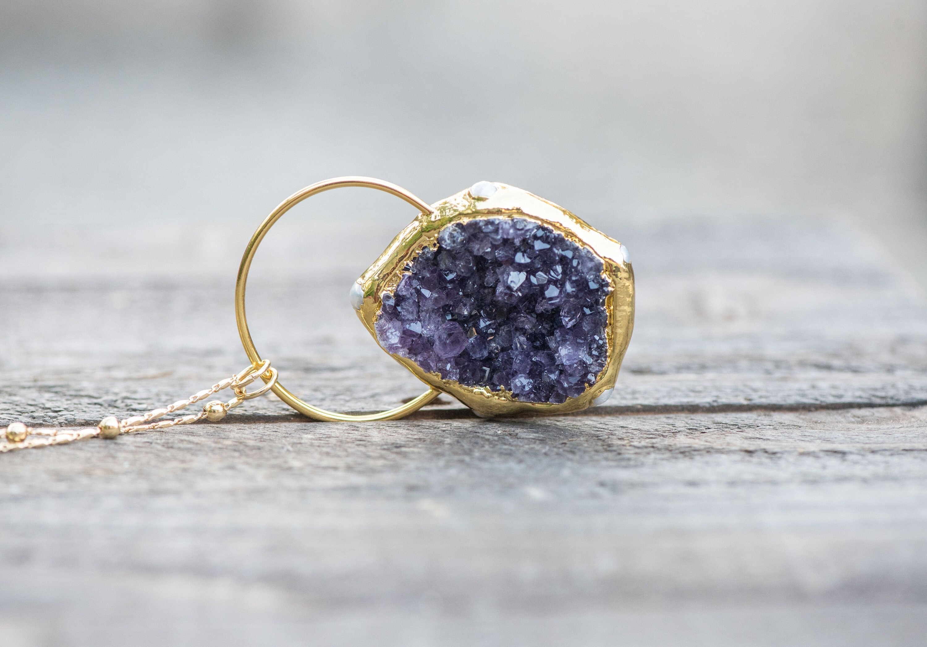 Amethyst Slice Necklace, Gold Dipped Natural Stone Necklaces, Boho Necklace, Layering Necklace, Gemstone Necklace, Raw Amethyst Necklace, Druzy