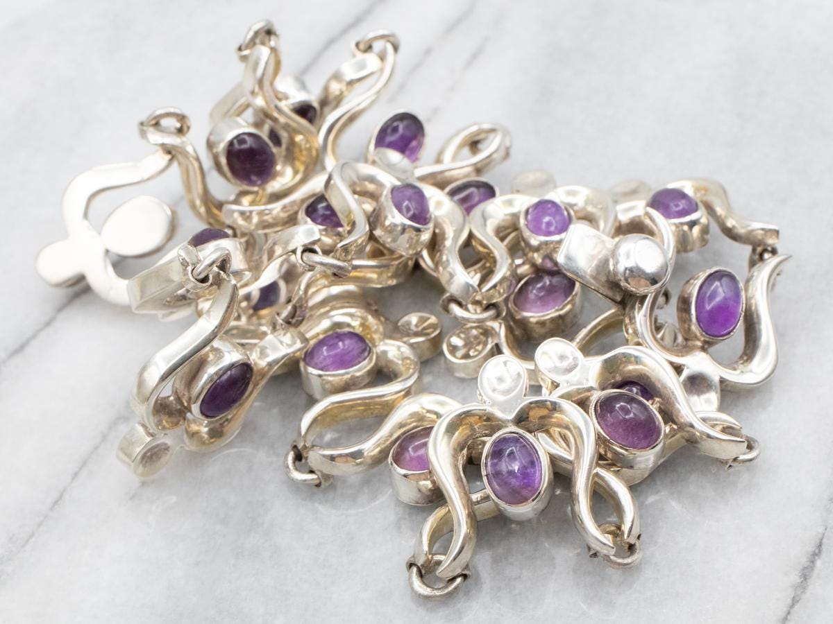 Sterling Silver Amethyst Tulip Link Collar Necklace