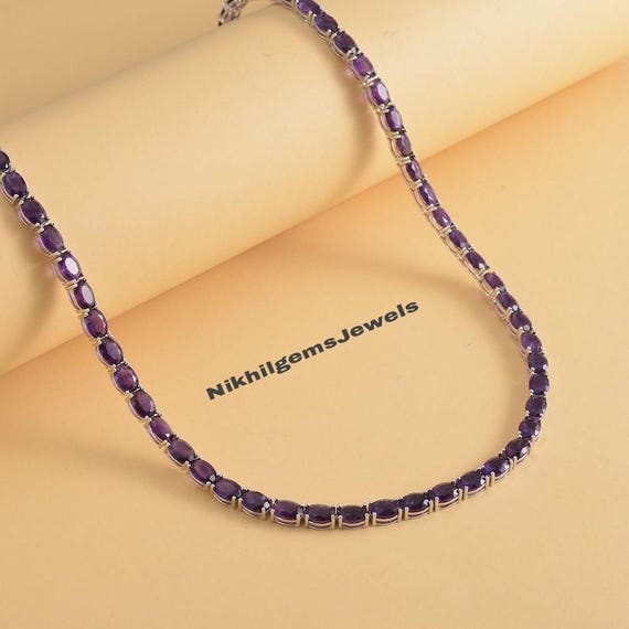 Amethyst Tennis Necklace: Platinum Plated Sterling Silver, February Birthstone
