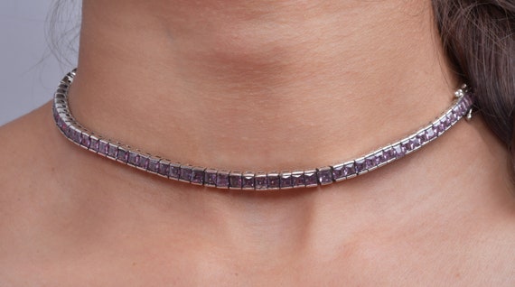 Amethyst Tennis Necklace – Sterling Silver, Square Gemstone Bridal Jewelry Amethyst Tennis Necklace – Sterling Silver, Square Gemstone Bridal Jewelry
