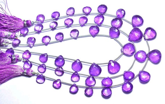 Brazilian Amethyst Heart Briolettes - 8 Inches - Natural Faceted Amethyst Heart Briolettes Strand - Size Is 7x8 - 10x10.5 Mm #2319 Brazilian Amethyst Heart Briolettes - 8 Inches - Natural Faceted Amethyst Heart Briolettes Strand - Size Is 7x8 - 10x10.5 Mm #2319