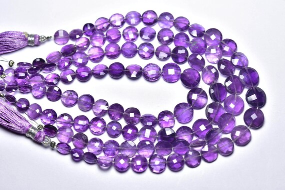 Amethyst Coin Beads - 8 Inches - Natural Amethyst Faceted Coin Briolettes - Size Is 6.5 -9 Mm #2344