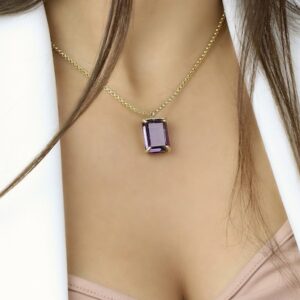 Amazing Amethyst Pendant Necklace · Rectangle Stone Pendant · Gold Pendant 14k · Long Gemstone Pendant · February Birthstone Necklace