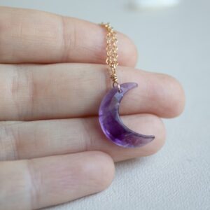 Amethyst Crescent Moon Necklace Gold. Purple Crescent Moon Pendant Necklace, Crescent Moon Crystal Necklace, Half Moon Necklace  Celestial