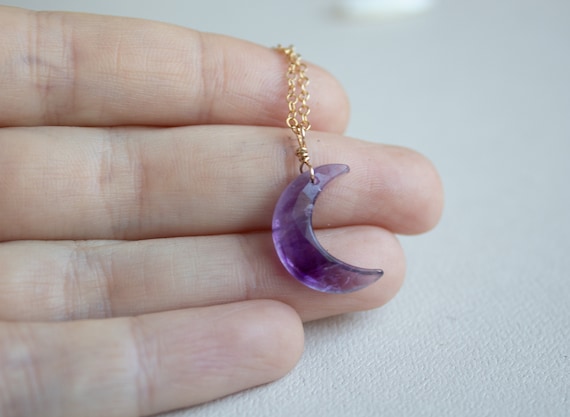 Amethyst Crescent Moon Necklace Gold. Purple Crescent Moon Pendant Necklace, Crescent Moon Crystal Necklace, Half Moon Necklace  Celestial