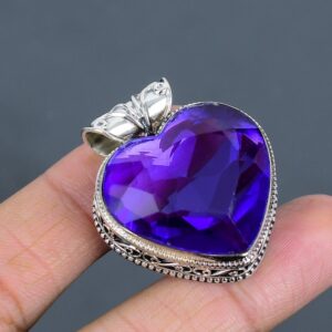 Faceted African Amethyst Heart Pendant: Vintage 925 Sterling Silver