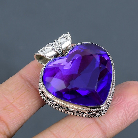 Faceted African Amethyst Heart Pendant: Vintage 925 Sterling Silver
