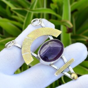 Handmade Chevron Amethyst Pendant: 925 Sterling Silver, Oval Gemstone