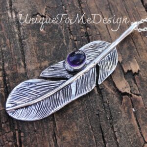 Handmade Sterling Silver Amethyst Feather Necklace: Bohemian Pendant