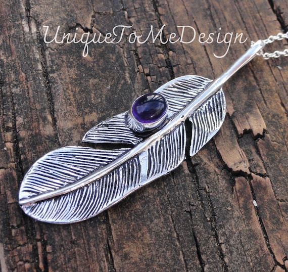 Handmade Sterling Silver Amethyst Feather Necklace: Bohemian Pendant Handmade Sterling Silver Amethyst Feather Necklace: Bohemian Pendant