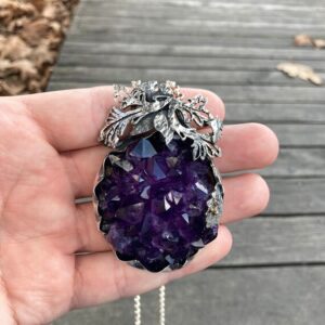 Huge Uruguay Amethyst Crystal Necklace, Amethyst Silver Pendant, Antique Design Medallion, Perfect Crystal And Color, Completely Handmade