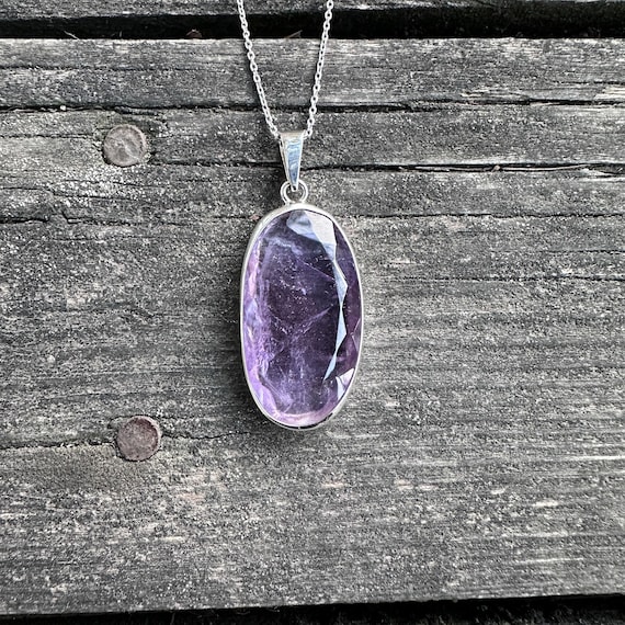 Natural Amethyst Stone Silver Necklace, Georgeus Amethyst Pendant, Vivid Color Brazil Amethyst, February Birthstone, Men Amethyst Necklace