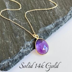Amethyst Necklace, February Birthstone, Purple Amethyst Oval Pendant, Genuine Solid 14k Gold, Minimalist February Birthday gift for her