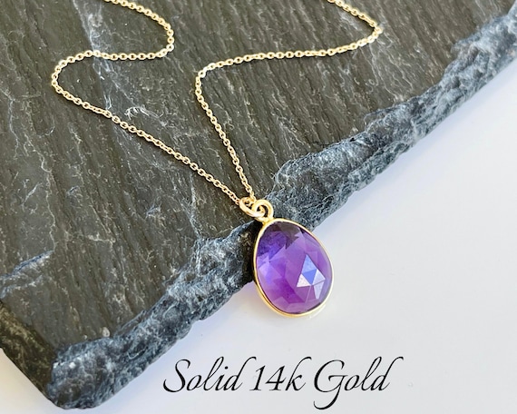 Amethyst Necklace, February Birthstone, Purple Amethyst Oval Pendant, Genuine Solid 14k Gold, Minimalist February Birthday Gift For Her