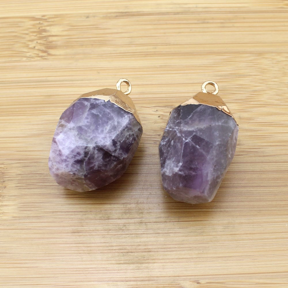 Purple Faceted Crystal Pendant,gemstone Pendant With Golden Electroplated Edges,amethyst Charms, Diy Necklace Jewelry-tr226