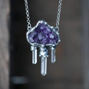 Raw Amethyst and Quartz Crystal Necklace , Handmade Tiffany Soldered Pendant , Natural Stone Jewelry ,February Birthstone,Statement Necklace